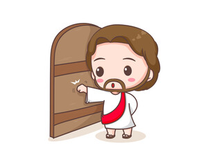 Jesus Christ knocking the door cartoon character. Cute mascot illustration. Isolated white background. Biblical story Religion and faith.