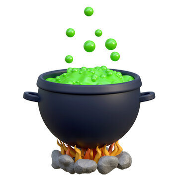 witch boiling green magic potion in cauldron halloween 3d icon illustration