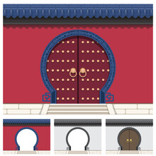 Layered Editable Vector Illustration Of A Gate On The Wall With Ancient Chinese Traditional Style.