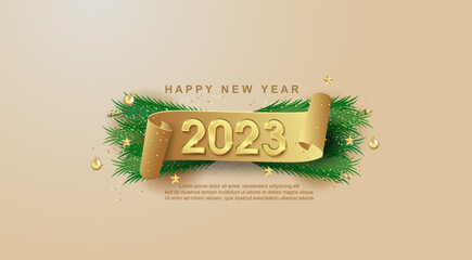 Happy New Year 2023 on ribbons and confetti background.