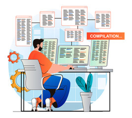 Programming working concept in modern flat design. Developer does compilation of program. Man creates software, working at computer. Development, optimization and testing apps. Web illustration