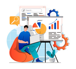 Wall Mural - Seo analysis concept in modern flat design. Man analyzes search results, works with data and making report using laptop. Development promotion strategy and increases site rankings. Web illustration