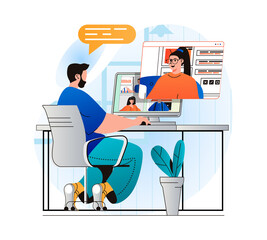 Poster - Video conference concept in modern flat design. Man communicates remotely with woman using video call at computer screens. Employees discussing tasks at online business meeting. Web illustration