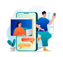 Video chatting concept in modern flat design. Man and woman communicate by video call and correspond in messenger on mobile phone. Online communication with friends or family. Web illustration