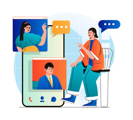 Aufkleber - Video chatting concept in modern flat design. Friends communicate by group video call at different screens. Online communication technology and virtual meeting at zoom programm. Web illustration