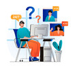 © alexdndz - Virtual assistant concept in modern flat design. Man operator with headphones advises and helps clients around the clock using video calls at computer. Customer support service. Web illustration