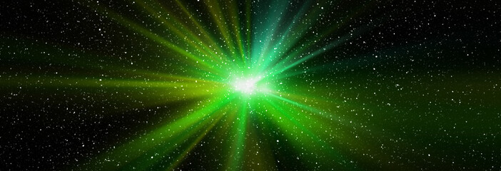 Wall Mural - burst of light in space. night black starry sky horizontal background banner