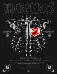 Wall Mural - retro futuristic poster with human skeleton and heart inside. trendy grunge print for clothes, t-shi