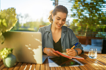 Poster - woman is working sitting on the patio