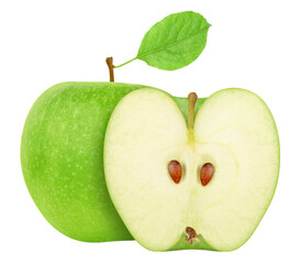 Wall Mural - Green apple with leaf. Whole and half