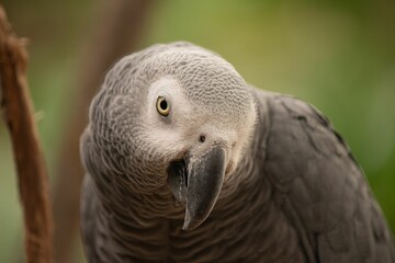 Poster - Closeup shot of a grey parrot's face against a green background