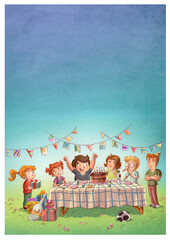 Wall Mural - Illustration of kids celebrating a birthday party in the garden