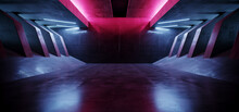 Neon Laser Electric Red Blue Lights Sci Fi Futuristic Cement Concrete Tunnel Corridor Spaceship Showroom Studio Garage Hallway Triangle 3D Rendering