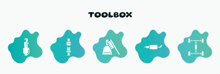 toolbox filled icons set. flat icons such as seat belt, dustpan and brush, exhaust pipe, chassis, gardening palette icon collection. can be used web and mobile.