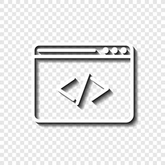 Browser, coding simple icon vector. Flat design. White with shadow on transparent grid.ai