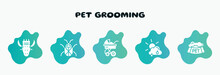 Pet Grooming Filled Icons Set. Flat Icons Such As Beetle, Stroller, Clouds And Sun, Pet Bowl, Hair Clipper Icon Collection. Can Be Used Web And Mobile.