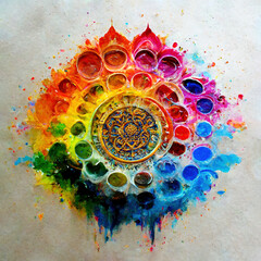 Wall Mural - Colorful acrylic paint splashes as mandala background