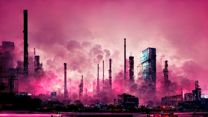 Wall Mural - dystopic cyberpunk city with smoke and purple sky
