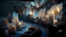 Underground Cave With Blue Crystals. Night Lighting