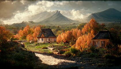 Poster - Autumn landscape, village houses and trees.