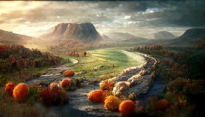 Poster - Orange grass, road and trees in autumn. Autumn landscape with forest, fields and rocks on the horizon