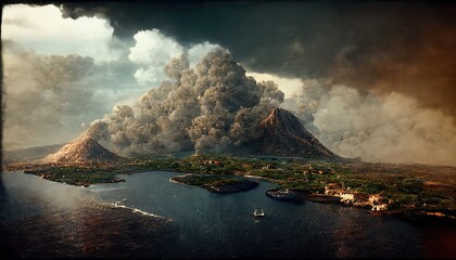 Poster - Landscape with sea, volcano village, puffs of smoke