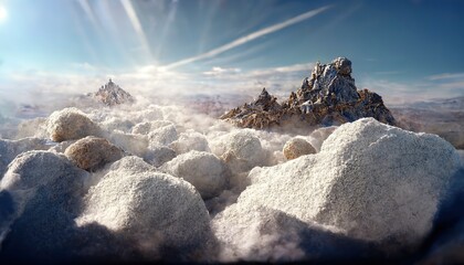 Canvas Print - High mountain peak with bright sun on the horizon, snow cover