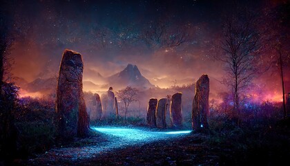 Poster - A magical portal between tree trunks at night, a fantastic glowing gate to an alien world