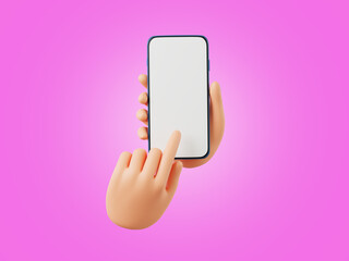 Wall Mural - 3d cartoon hand using smartphone, on pink background, 3d render illustration