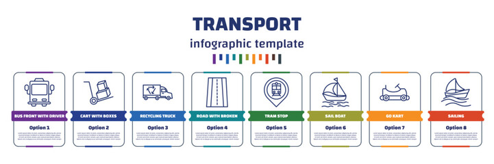 Wall Mural - infographic template with icons and 8 options or steps. infographic for transport concept. included bus front with driver, cart with boxes, recycling truck, road broken lines, tram stop, sail boat,