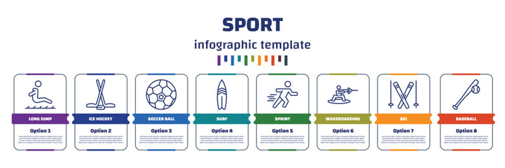 Sticker - infographic template with icons and 8 options or steps. infographic for sport concept. included long jump, ice hockey, soccer ball, surf, sprint, wakeboarding, ski, baseball icons.