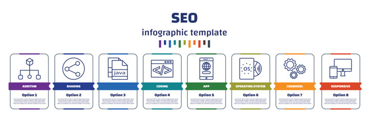 infographic template with icons and 8 options or steps. infographic for seo concept. included aorithm, sharing, , coding, app, operating system, cogwheel, responsive icons.