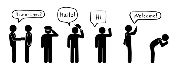 stick figure man hello, greeting bubble set, icon people say hello, hi, welcome