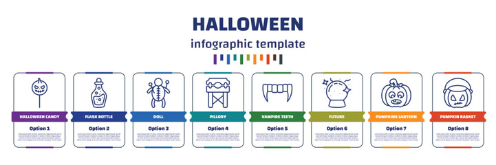 Wall Mural - infographic template with icons and 8 options or steps. infographic for halloween concept. included halloween candy, flask bottle, doll, pillory, vampire teeth, future, pumpkins lantern, pumpkin