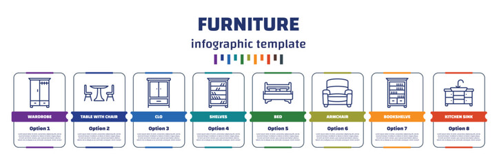 Wall Mural - infographic template with icons and 8 options or steps. infographic for furniture concept. included wardrobe, table with chair, clo, shelves, bed, armchair, bookshelve, kitchen sink icons.