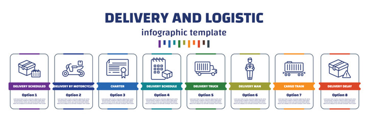 infographic template with icons and 8 options or steps. infographic for delivery and logistic concept. included delivery scheduled, delivery by motorcycle, charter, schedule, truck, man, cargo