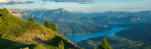 Magnificent Panorama Of A Mountain Landscape At An Altitude Of 2140 M With A Sublime View Of The Large "Serre-Ponçon" Lake In The Middle Of The Valley. End Of The Day, In The Southern Alps, In France.