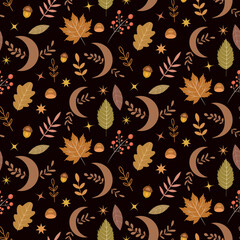 Wall Mural - Abstract boho moon with autumn leaves, maple, oak, chestnut, acorn berries and stars over black background. For autumn textile, fabric and wallpaper 