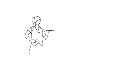 Wall Mural - Animated self drawing of continuous one line draw young female waitress bringing glass on tray with hands on hip. Professional job profession minimalist concept. Full length single line animation.