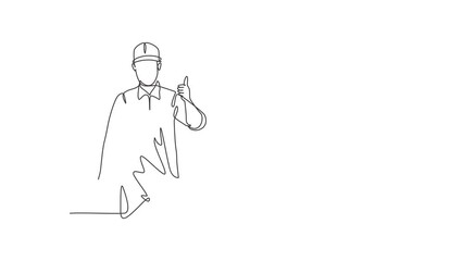 Wall Mural - Animated self drawing of single continuous line draw a carpenter with a thumbs-up gesture works in his workshop making wooden products. Skills in using carpentry tools. Full length one line animation.