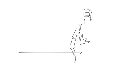 Poster - Animated self drawing of single continuous line draw welder with call me gesture works in the construction of building forming steel frame that is melted by fire. Full length one line animation.