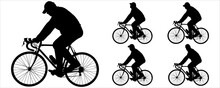 Five Men Riding A Bicycle. A Guy In A Cap And Tracksuit On A Road Bike Is In Motion. One Person, But With A Different Turn Of The Head, In All Directions. Black Silhouette Isolated On White Background