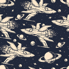 Sticker - Space ships seamless pattern monochrome