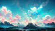 Beautiful landscape of fantasy mountain and pastel sky background, digital illustration art, fantasy scene concept