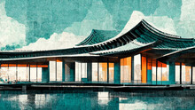 Illustration Of Traditional Korean Architecture Ancient Style, Tourist Attraction, Landmark Background