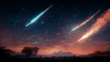 Meteor Star Trails On Night Sky Background Fantasy, Digital Art Style, Illustration Design