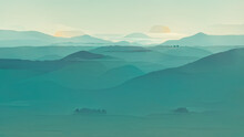 Minimal Landscape Digital Art Design,  Mountain And Sky In Spring Season Concept, Illustration Design