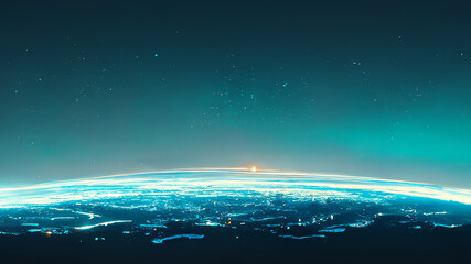 Wall Mural - Beautiful view on planet Earth from space at night with city light, fantasy and futuristic, digital minimal art style, background wallpaper