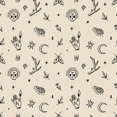 Wall Mural - Witchcraft magic doodle things. Vector and jpg printable witchy doodles seamless pattern, unique repeat clipart illustration image, editable isolated details. Perfect for clothes design, wrapping