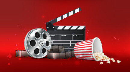 Wall Mural - 3d realistic vector icon illustration. Movie night time background. With red bucket of popcorn, movie clap board, movie roll. Isolated on red background.